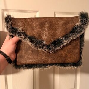 Brown Faux Fur Trim Clutch